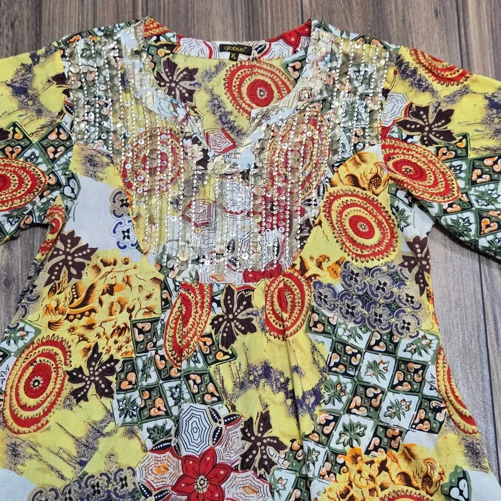Globus Yellow Patchwork Sequin Embellished Tunic Top Kurti XL Boho V-Neck